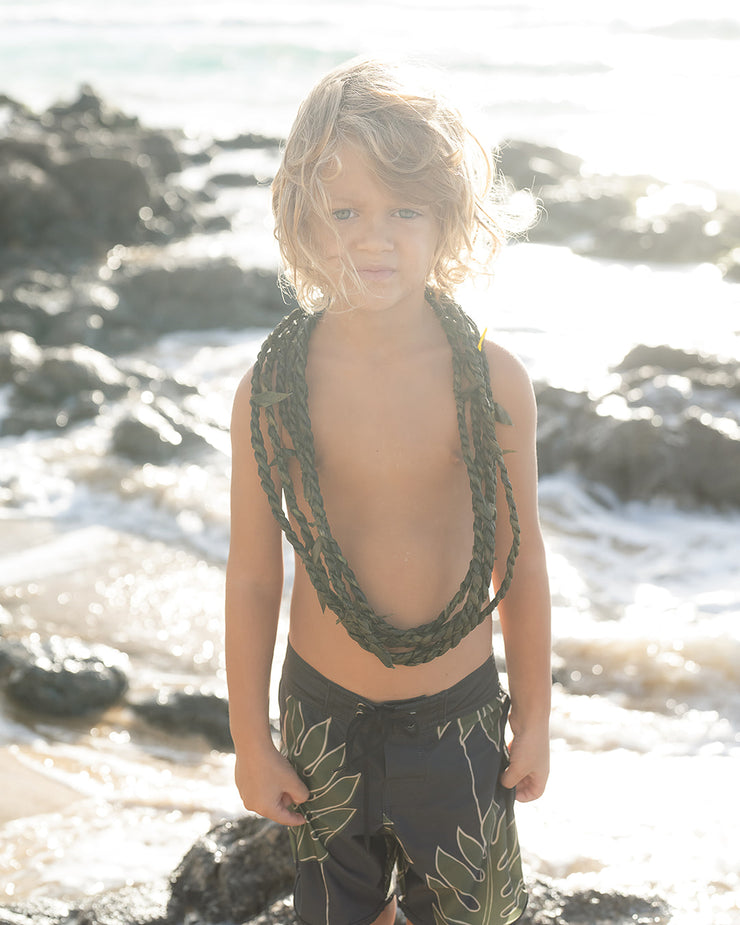 Kaikanialeʻa Boys’ Boardies | Stretchy & Adjustable Waistband, Quick-Drying | Made from Regenerated Ocean Waste | Ulūlu ʻEleʻele