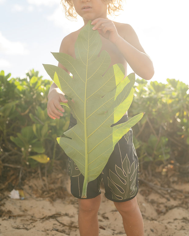 Kaikanialeʻa Boys’ Boardies | Stretchy & Adjustable Waistband, Quick-Drying | Made from Regenerated Ocean Waste | Ulūlu ʻEleʻele